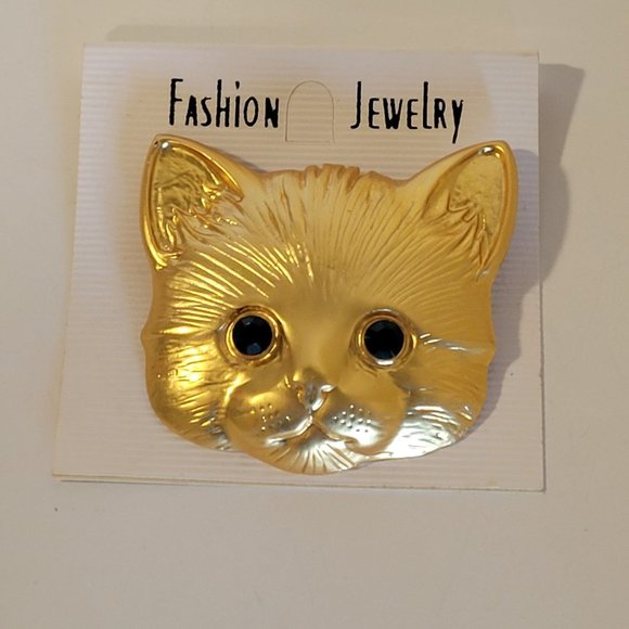 Vintage Jewelry - Vintage Large Cat Gold Tone Brooch Pin with Emerald Green Eyes NWT